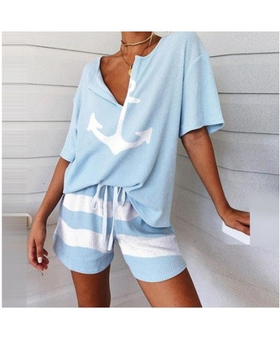 Summer 2Pcs Women Tracksuit Boat Anchor Print Shirt Shorts Set Spring Elegant V Neck Pullover Ladies Sportswear Suits Pocket ...