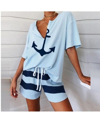 Summer 2Pcs Women Tracksuit Boat Anchor Print Shirt Shorts Set Spring Elegant V Neck Pullover Ladies Sportswear Suits Pocket ...