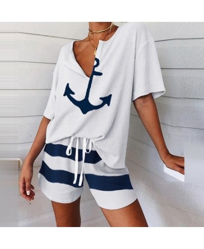 Summer 2Pcs Women Tracksuit Boat Anchor Print Shirt Shorts Set Spring Elegant V Neck Pullover Ladies Sportswear Suits Pocket ...