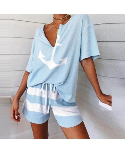 Summer 2Pcs Women Tracksuit Boat Anchor Print Shirt Shorts Set Spring Elegant V Neck Pullover Ladies Sportswear Suits Pocket ...