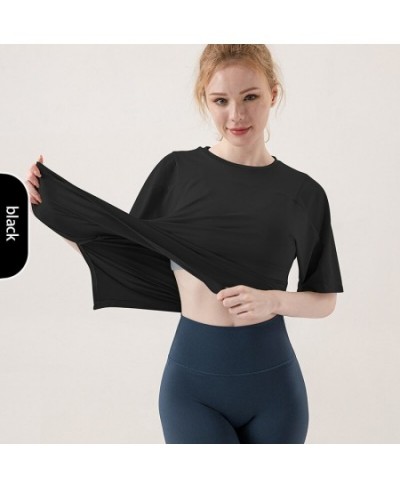 New Labeled Ladies Fashion Slit Yoga Tops Loose Shapeable Stretch Quick Dry Sports Fitness T-Shirts Casual Street Short Sleev...