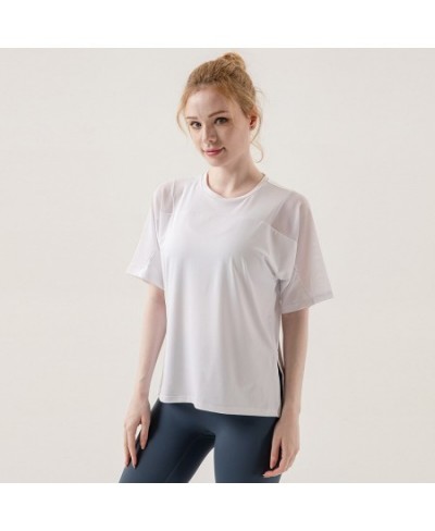 New Labeled Ladies Fashion Slit Yoga Tops Loose Shapeable Stretch Quick Dry Sports Fitness T-Shirts Casual Street Short Sleev...