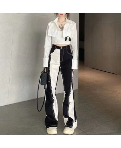 American Retro Fashion Y2k Streetwear Black And White Color Contrast High Waist Baggy Jeans Femme Straight Wide Leg Pants Wom...