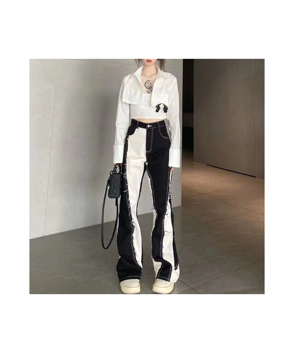 American Retro Fashion Y2k Streetwear Black And White Color Contrast High Waist Baggy Jeans Femme Straight Wide Leg Pants Wom...