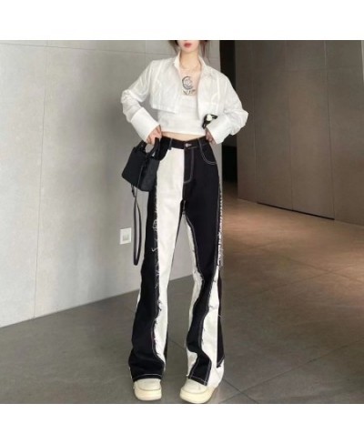 American Retro Fashion Y2k Streetwear Black And White Color Contrast High Waist Baggy Jeans Femme Straight Wide Leg Pants Wom...