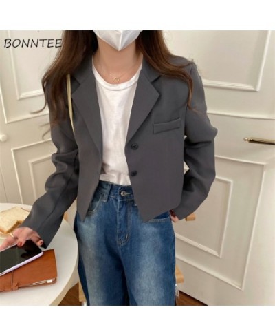 Blazers Women Cropped Solid Office-look Simple Spring Mujer Notched All-match Ulzzang Long Sleeve Basic Feminine Fall Clothin...