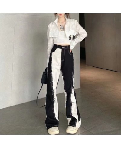 American Retro Fashion Y2k Streetwear Black And White Color Contrast High Waist Baggy Jeans Femme Straight Wide Leg Pants Wom...