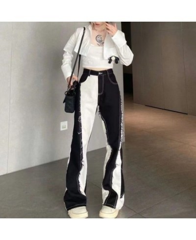 American Retro Fashion Y2k Streetwear Black And White Color Contrast High Waist Baggy Jeans Femme Straight Wide Leg Pants Wom...