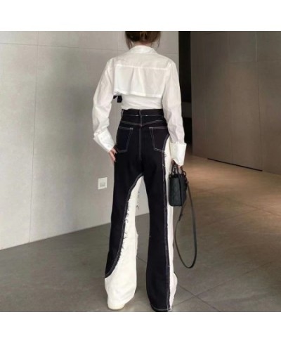 American Retro Fashion Y2k Streetwear Black And White Color Contrast High Waist Baggy Jeans Femme Straight Wide Leg Pants Wom...