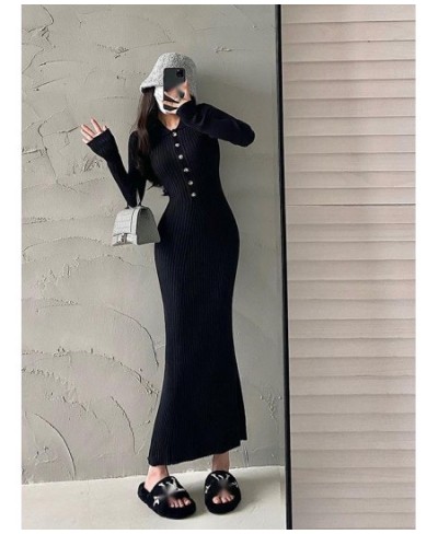 Sexy Slim Polo Collar Long Sleeve Knit Slim Fishtail Maxi Dress Long Dresses Sweater Knitting Winter Tops 4N5Z $52.31 - Dresses