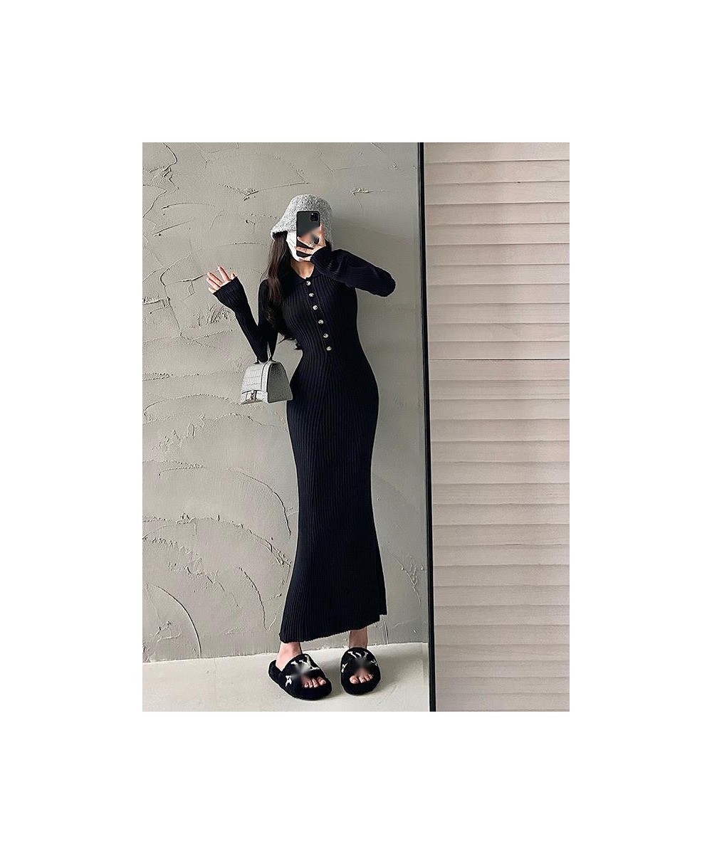 Sexy Slim Polo Collar Long Sleeve Knit Slim Fishtail Maxi Dress Long Dresses Sweater Knitting Winter Tops 4N5Z $52.31 - Dresses