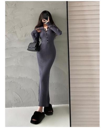 Sexy Slim Polo Collar Long Sleeve Knit Slim Fishtail Maxi Dress Long Dresses Sweater Knitting Winter Tops 4N5Z $52.31 - Dresses