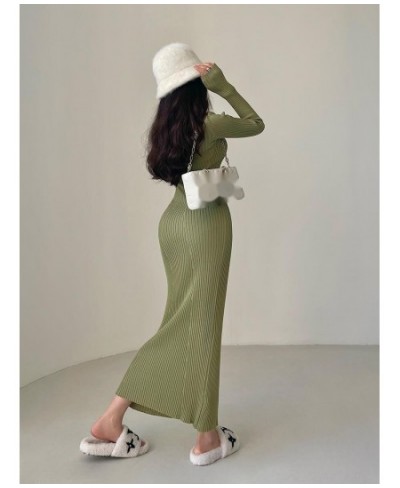 Sexy Slim Polo Collar Long Sleeve Knit Slim Fishtail Maxi Dress Long Dresses Sweater Knitting Winter Tops 4N5Z $52.31 - Dresses