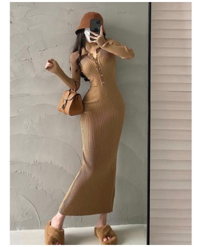 Sexy Slim Polo Collar Long Sleeve Knit Slim Fishtail Maxi Dress Long Dresses Sweater Knitting Winter Tops 4N5Z $52.31 - Dresses