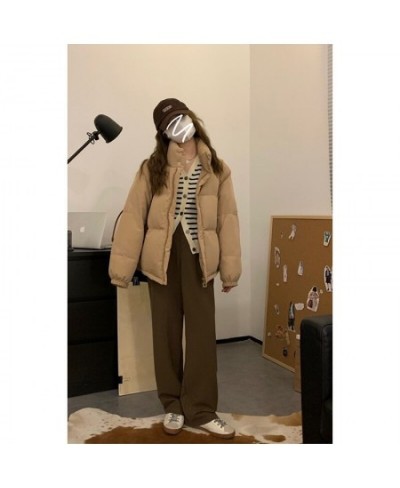 Women Stand Collar Casual Loose Khaki Cotton Jackets Solid Color Warm Korean Style Fashion Coat 2022 Winter Harajuku Outwear ...