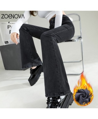 2022 Fashion Fleece Women Flared Jeans Loose Denim Pants Bottom Straight High Waist Stretch Urban Female Flare Trouser $58.82...