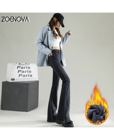 2022 Fashion Fleece Women Flared Jeans Loose Denim Pants Bottom Straight High Waist Stretch Urban Female Flare Trouser $58.82...