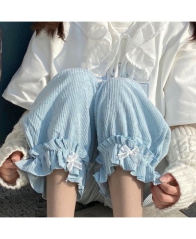 Japanese Lolita Womens Kawaii High Waist Corduroy Pants Sweet Bow Ruffles Wide Leg Sweatpants Girly Clothing Loose Cute $28.8...