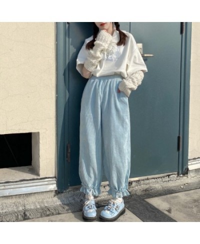 Japanese Lolita Womens Kawaii High Waist Corduroy Pants Sweet Bow Ruffles Wide Leg Sweatpants Girly Clothing Loose Cute $28.8...