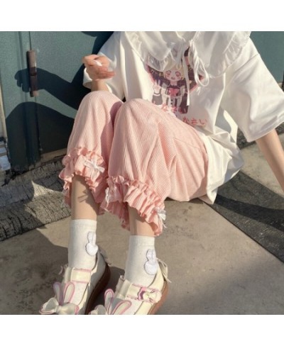 Japanese Lolita Womens Kawaii High Waist Corduroy Pants Sweet Bow Ruffles Wide Leg Sweatpants Girly Clothing Loose Cute $28.8...