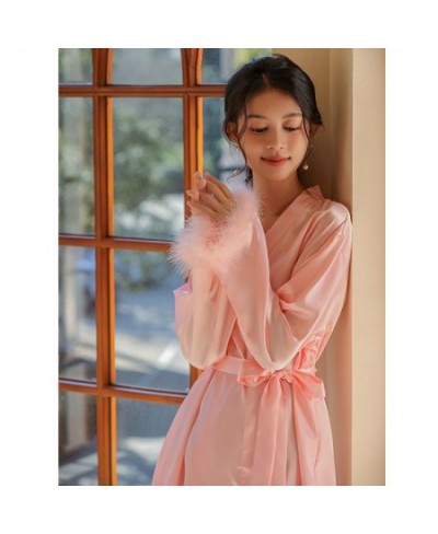 Pink Sleeve Robe Women Satin Feather Patchwork Bathrobe Kimono Gown Long Summer Nightgown Sleepdress Loose Bride Loungewear $...