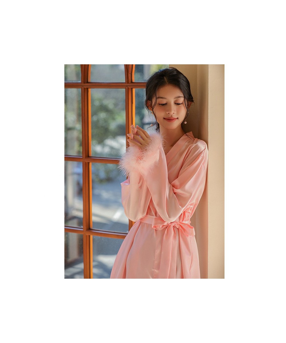 Pink Sleeve Robe Women Satin Feather Patchwork Bathrobe Kimono Gown Long Summer Nightgown Sleepdress Loose Bride Loungewear $...