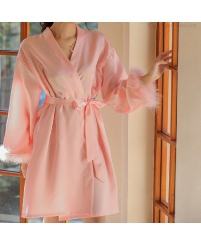 Pink Sleeve Robe Women Satin Feather Patchwork Bathrobe Kimono Gown Long Summer Nightgown Sleepdress Loose Bride Loungewear $...