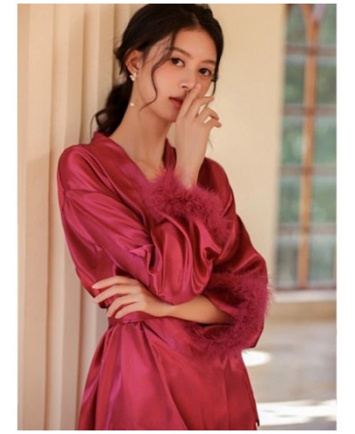 Pink Sleeve Robe Women Satin Feather Patchwork Bathrobe Kimono Gown Long Summer Nightgown Sleepdress Loose Bride Loungewear $...