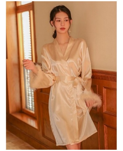 Pink Sleeve Robe Women Satin Feather Patchwork Bathrobe Kimono Gown Long Summer Nightgown Sleepdress Loose Bride Loungewear $...