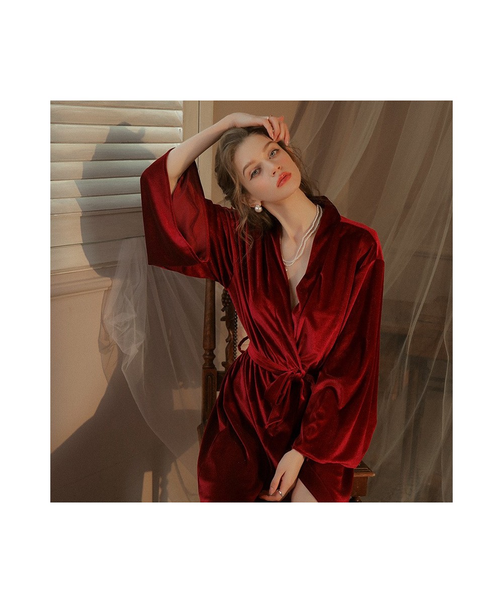 Dressing Gown Bride Bridesmaid Gold Velvet Long Sleeves Robe Nightgown Kimono Embroidery Sexy Night Dress Home Clothes $43.33...