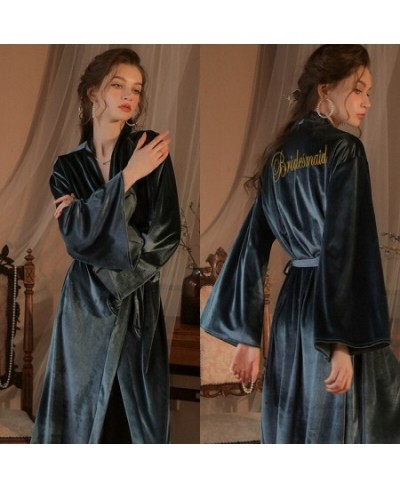 Dressing Gown Bride Bridesmaid Gold Velvet Long Sleeves Robe Nightgown Kimono Embroidery Sexy Night Dress Home Clothes $43.33...