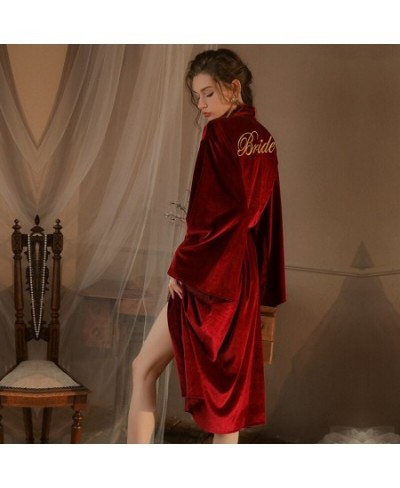 Dressing Gown Bride Bridesmaid Gold Velvet Long Sleeves Robe Nightgown Kimono Embroidery Sexy Night Dress Home Clothes $43.33...