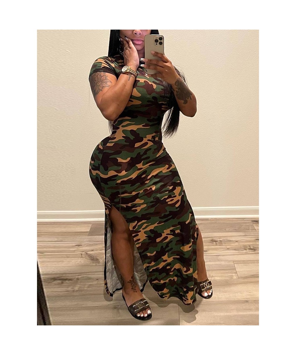 Women Short Sleeve Camo Printed Dress Casual Slit Maxi Dress $37.05 - Dresses