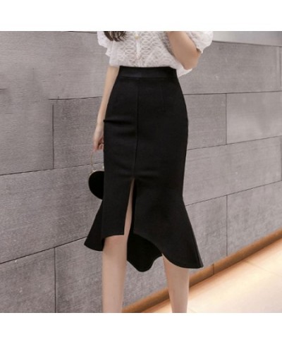 Women Black Skirts Vintage Ruffles High Waist Split Midi Skirt Office Lady Irregular Stitching Mermaid Skirt Femme $34.51 - S...