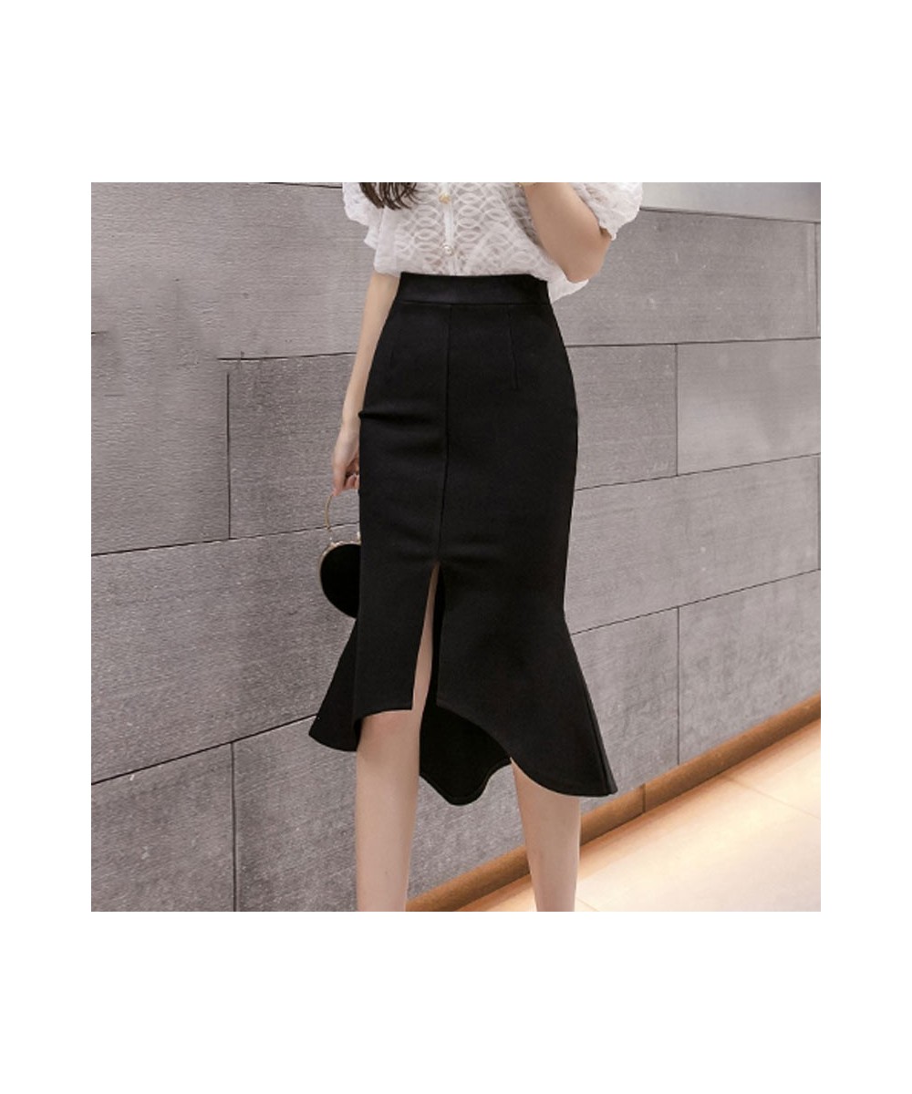 Women Black Skirts Vintage Ruffles High Waist Split Midi Skirt Office Lady Irregular Stitching Mermaid Skirt Femme $34.51 - S...