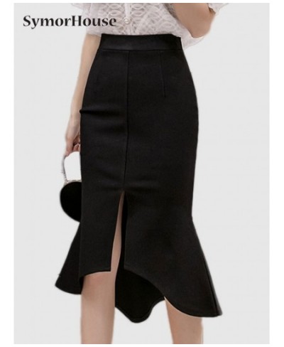 Women Black Skirts Vintage Ruffles High Waist Split Midi Skirt Office Lady Irregular Stitching Mermaid Skirt Femme $34.51 - S...