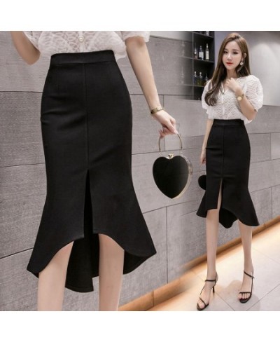 Women Black Skirts Vintage Ruffles High Waist Split Midi Skirt Office Lady Irregular Stitching Mermaid Skirt Femme $34.51 - S...