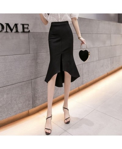 Women Black Skirts Vintage Ruffles High Waist Split Midi Skirt Office Lady Irregular Stitching Mermaid Skirt Femme $34.51 - S...