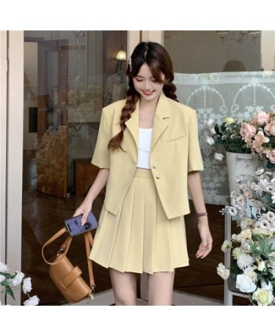 Solid Short Suit Women Summer Short-sleeved Coats+High Waist Pleated Skirt Two-piece Sets Vintage Versatile Lady Colth $53.47...