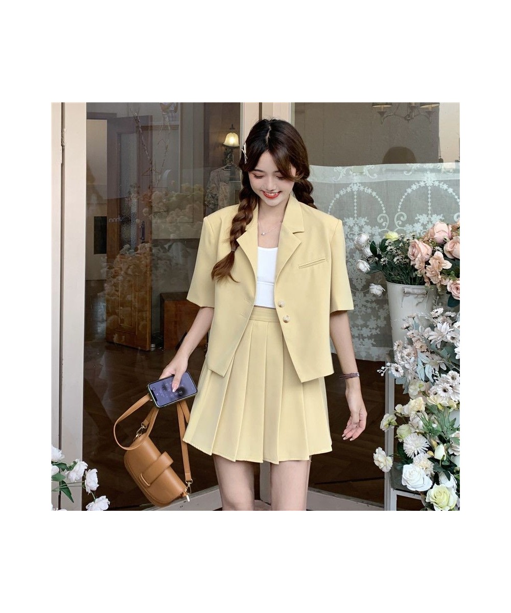 Solid Short Suit Women Summer Short-sleeved Coats+High Waist Pleated Skirt Two-piece Sets Vintage Versatile Lady Colth $53.47...