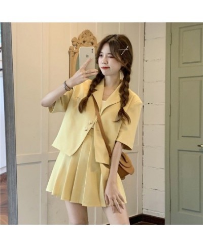 Solid Short Suit Women Summer Short-sleeved Coats+High Waist Pleated Skirt Two-piece Sets Vintage Versatile Lady Colth $53.47...