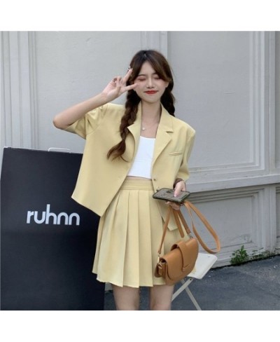 Solid Short Suit Women Summer Short-sleeved Coats+High Waist Pleated Skirt Two-piece Sets Vintage Versatile Lady Colth $53.47...