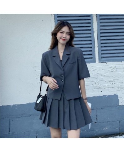 Solid Short Suit Women Summer Short-sleeved Coats+High Waist Pleated Skirt Two-piece Sets Vintage Versatile Lady Colth $53.47...