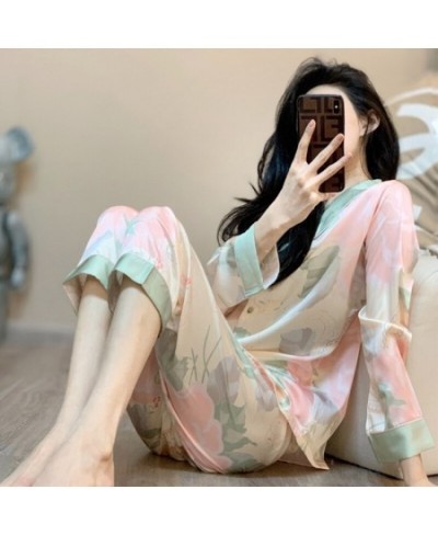 Autumn Ice Silk Pajamas Women's Long-sleeved Trousers Two-piece Set Ladies Silk Luxury Casual Home Wear Thin Loose Sexy Suit ...