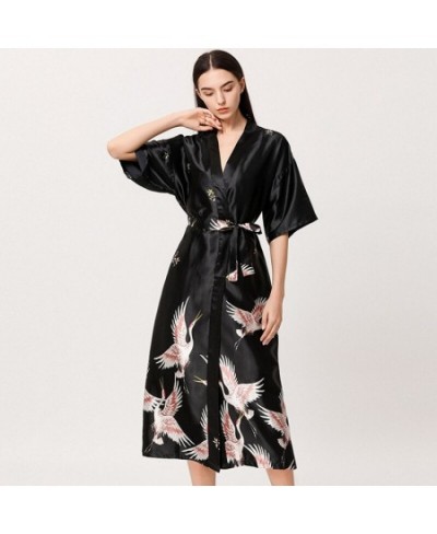 Women Nightgown Ice Silk Chinese Style Crane Print Half Sleeve Kimono Bathrobe Bride Bridesmaid Wedding Long Robe Non-suit $2...