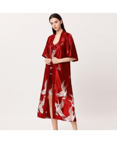 Women Nightgown Ice Silk Chinese Style Crane Print Half Sleeve Kimono Bathrobe Bride Bridesmaid Wedding Long Robe Non-suit $2...