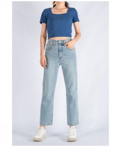 Women High Waisted Light Blue Slightly Elastic Nine-Piece Straight Jeans $75.92 - Jeans