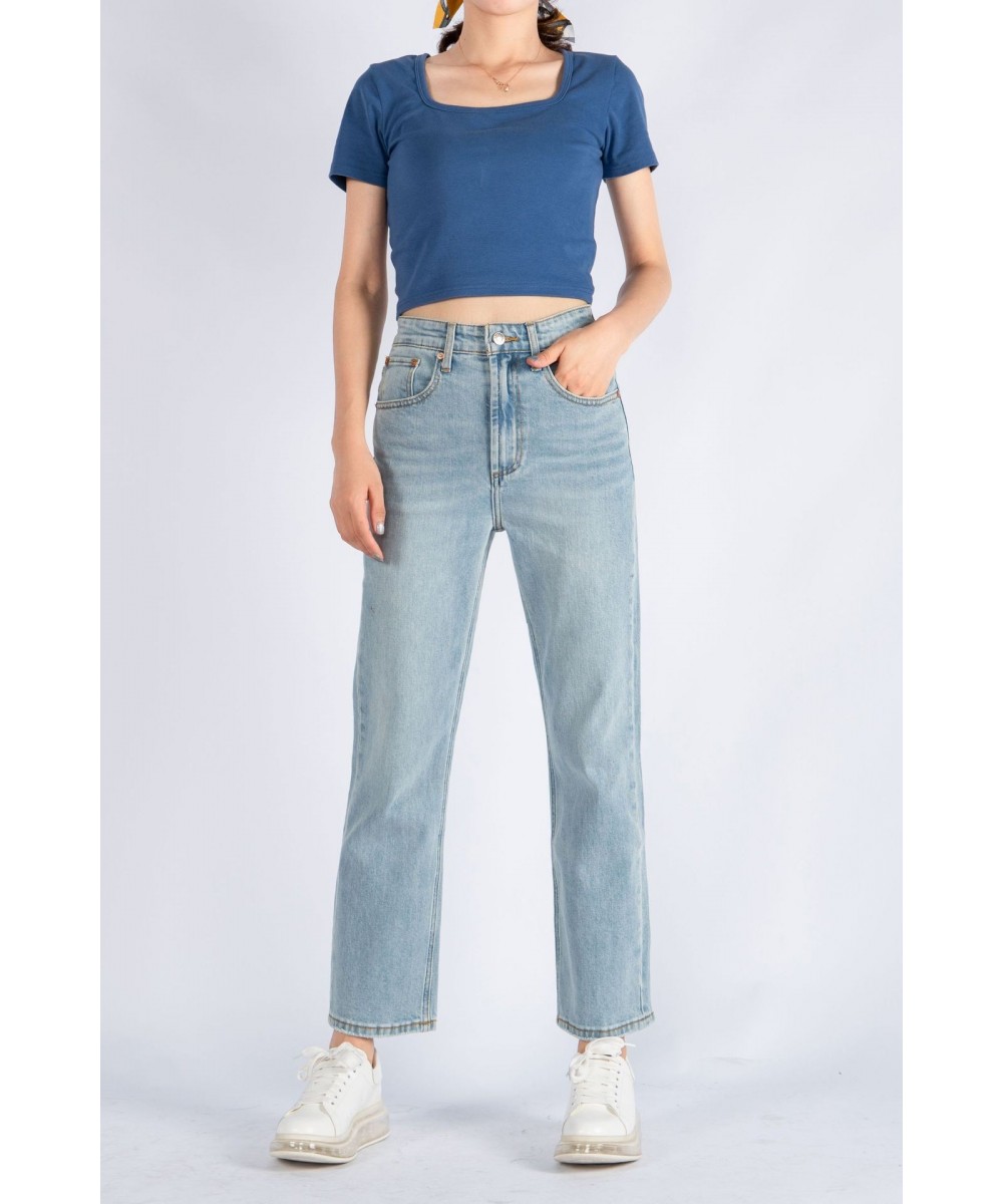 Women High Waisted Light Blue Slightly Elastic Nine-Piece Straight Jeans $75.92 - Jeans