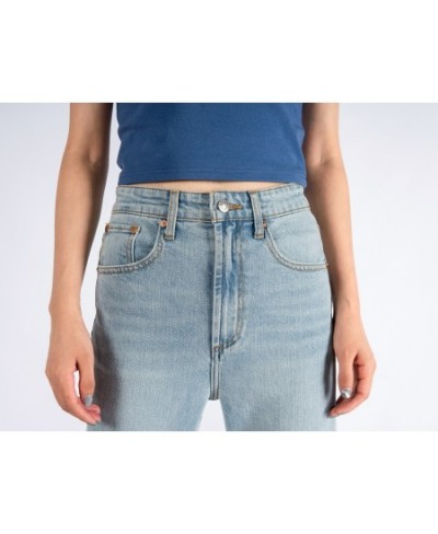 Women High Waisted Light Blue Slightly Elastic Nine-Piece Straight Jeans $75.92 - Jeans