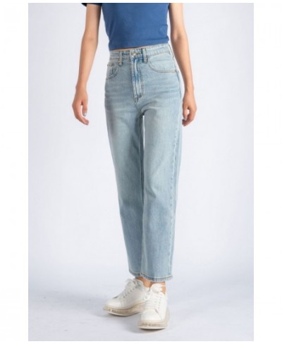 Women High Waisted Light Blue Slightly Elastic Nine-Piece Straight Jeans $75.92 - Jeans